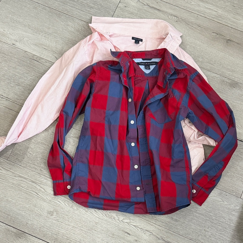 2 Tommy Hilfiger Red and Blue Kids Plaid Shirt and a pink shirt